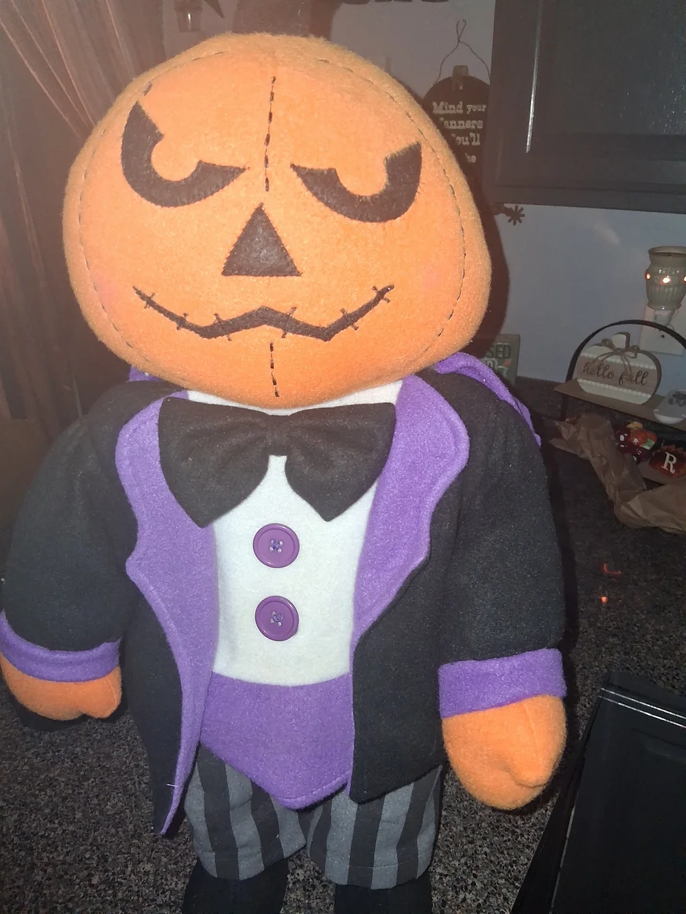 Plush Pumpkin Jack Holiday Figurine in Orange & Purple